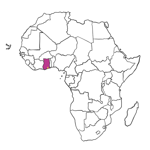 African map with Ghana indicated with purple and Accra, where OCAL is located is marked with an X on the map.